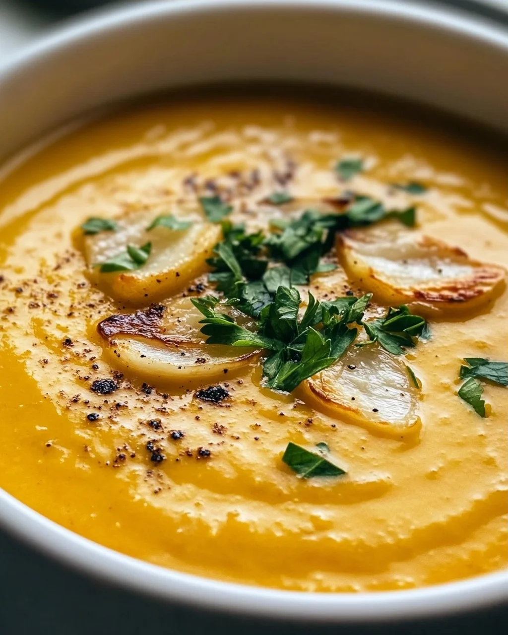 Aromatische Hokkaido Kürbissuppe mit geröstetem Knoblauchöl