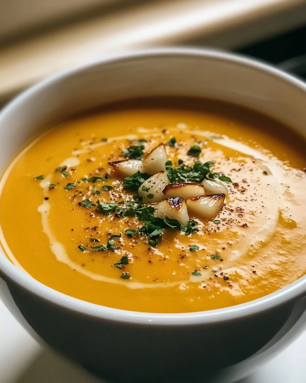 Aromatische Hokkaido Kürbissuppe mit geröstetem Knoblauchöl