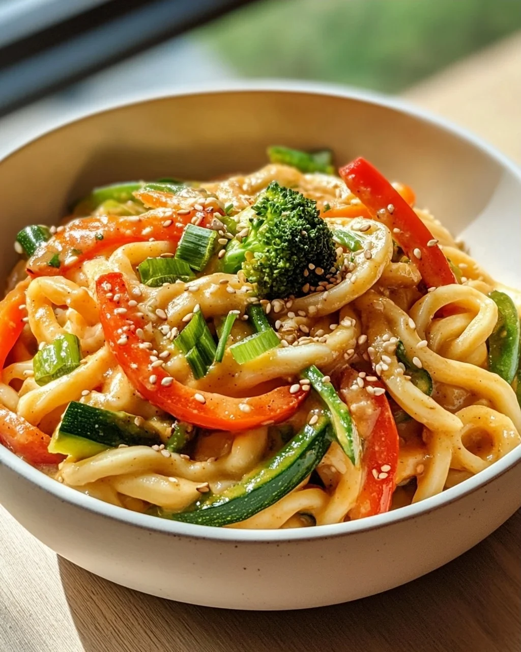 Asiatische Udon Nudeln mit Erdnusssauce und frischem Gemüse