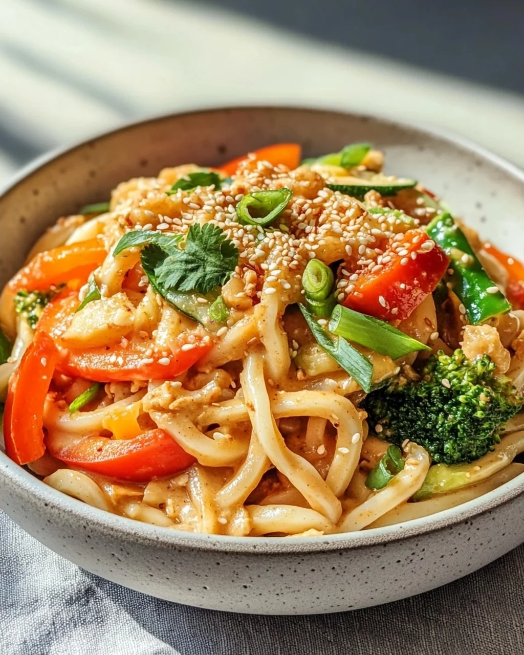 Asiatische Udon Nudeln mit Erdnusssauce und frischem Gemüse