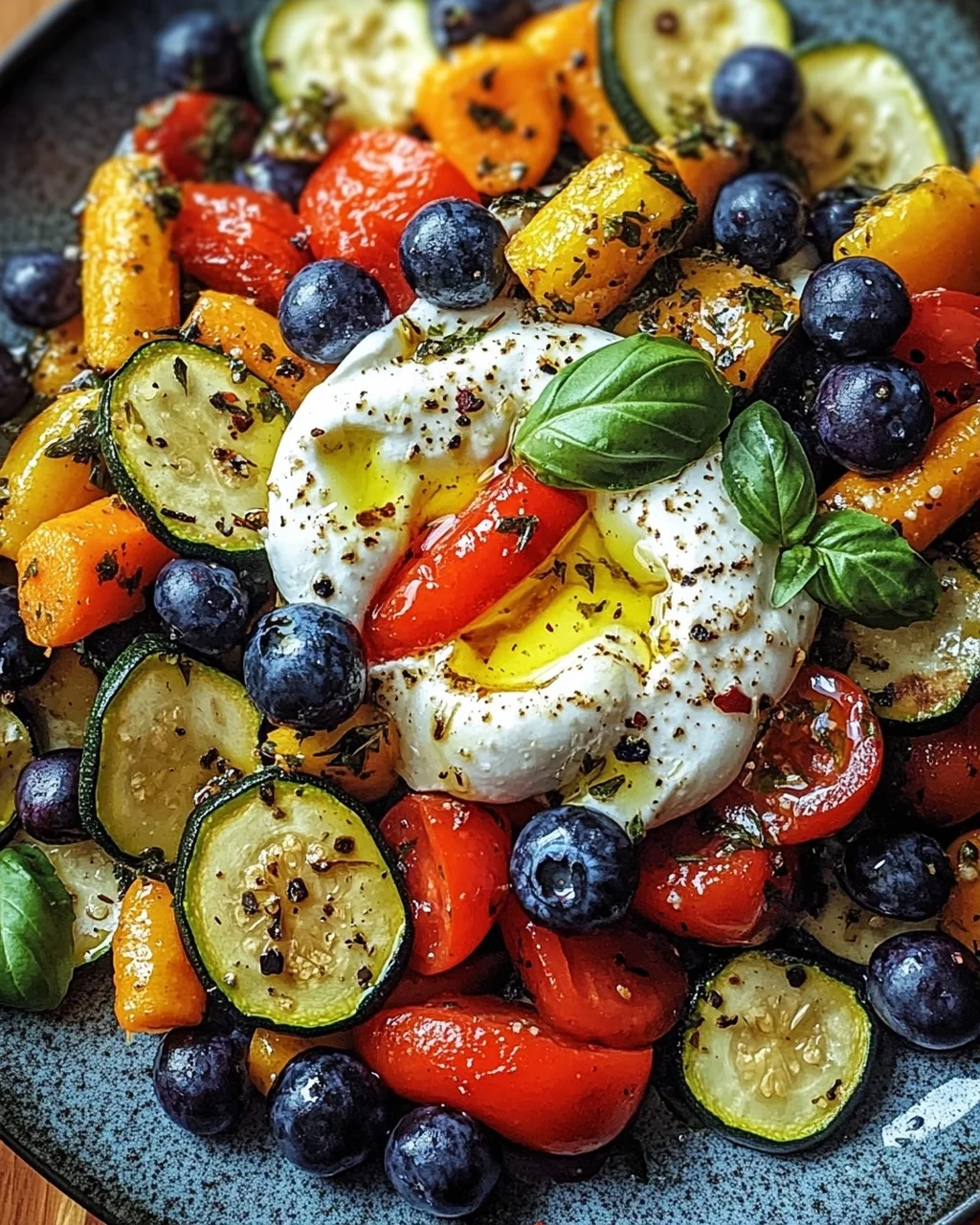 Burrata-Salat mit Ofengemüse und Blaubeeren