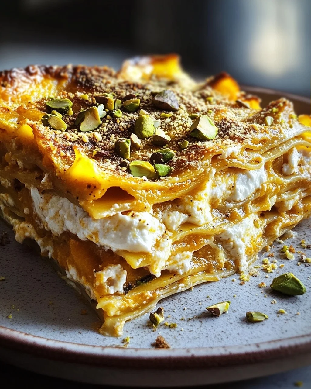 Cremige Kürbislasagne mit Ricotta und Pistazien
