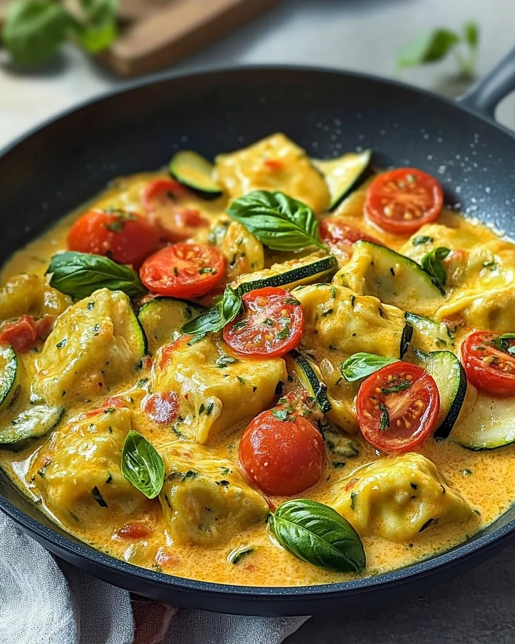 Cremige Maultaschenpfanne mit Zucchini und Tomaten genießen