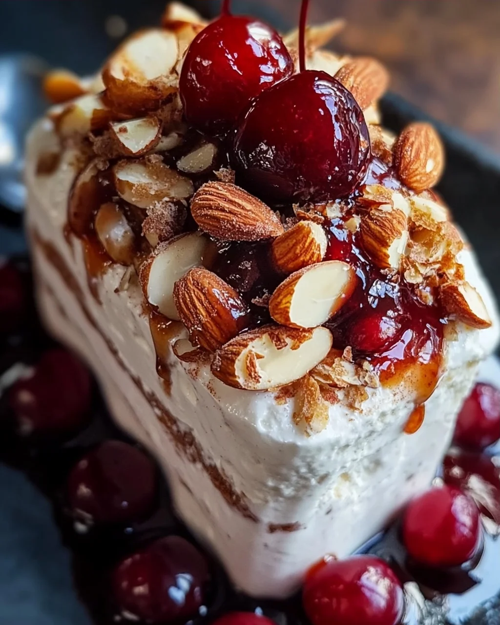 Cremiges Zimtparfait mit gebrannten Mandeln und Kirschen