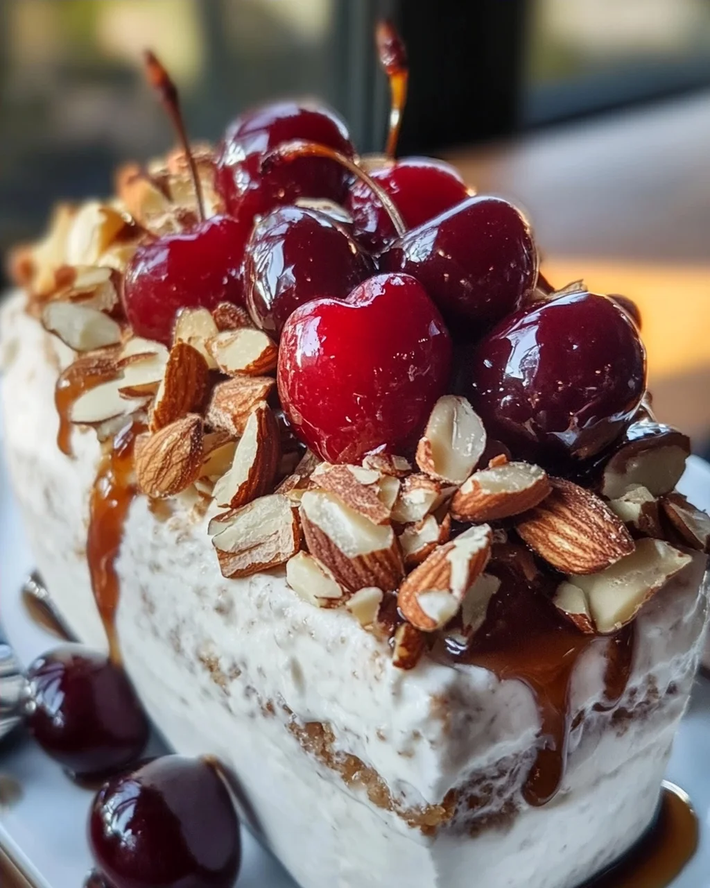 Cremiges Zimtparfait mit gebrannten Mandeln und Kirschen