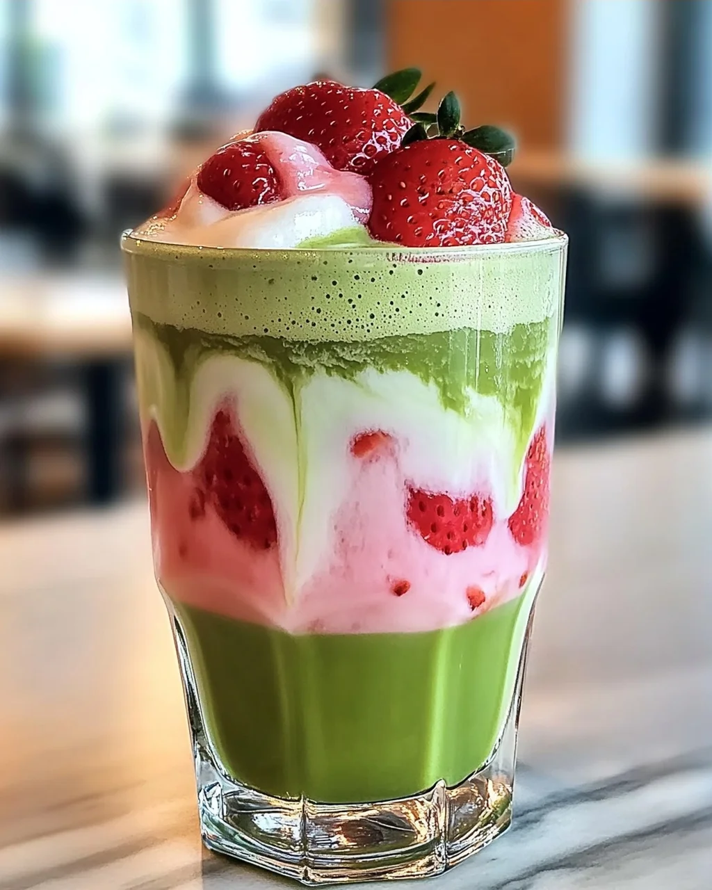Eis-Matcha-Latte mit Erdbeer-Kalte-Schaum genießen