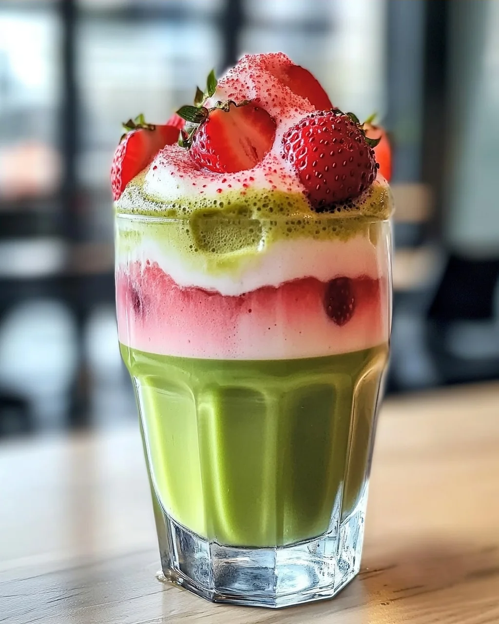 Eis-Matcha-Latte mit Erdbeer-Kalte-Schaum genießen