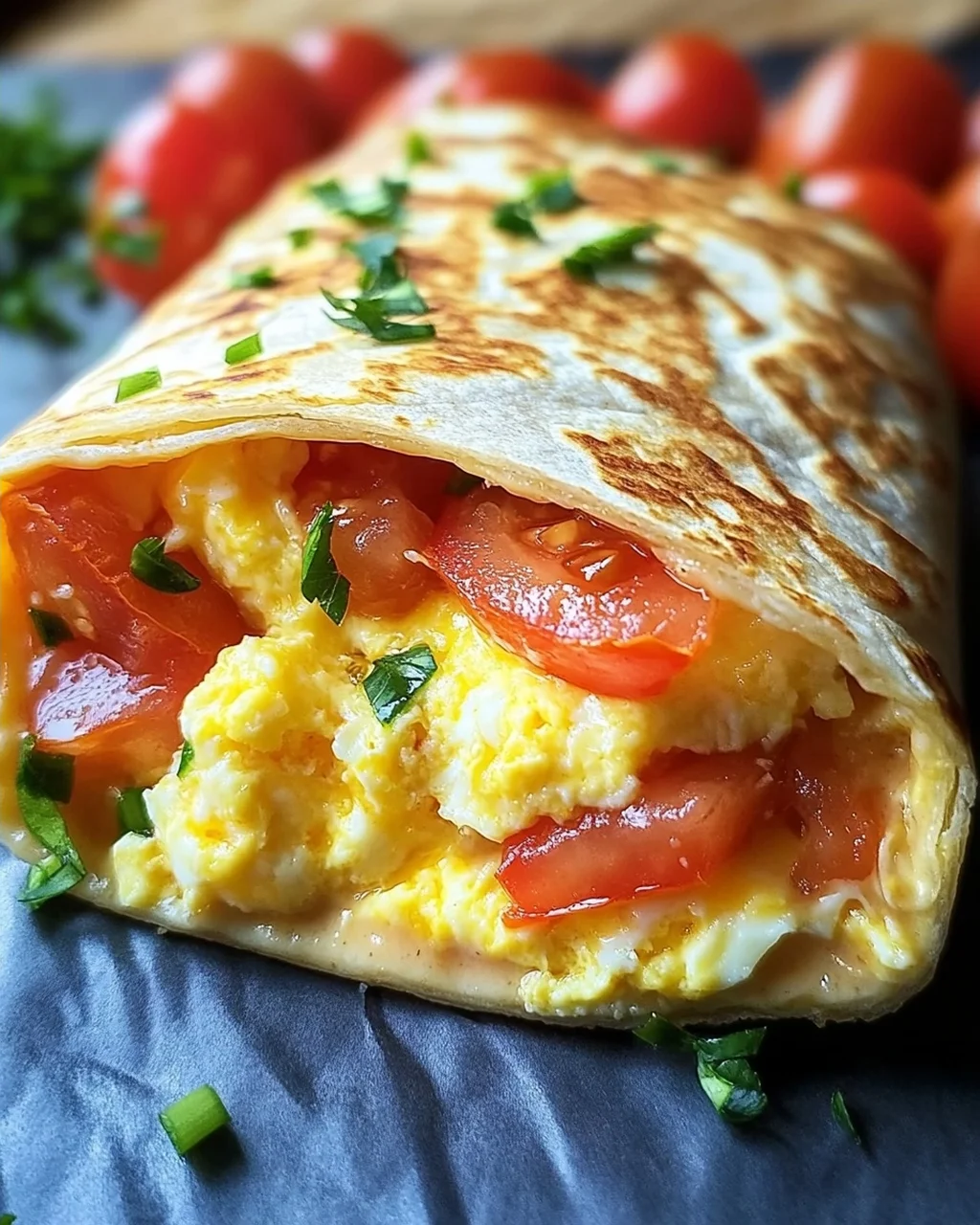 Frühstückswrap mit Ei, Käse und Tomaten