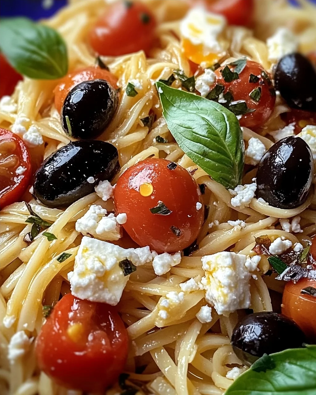 Griechische Reisnudeln mit Tomaten, Feta und Oliven