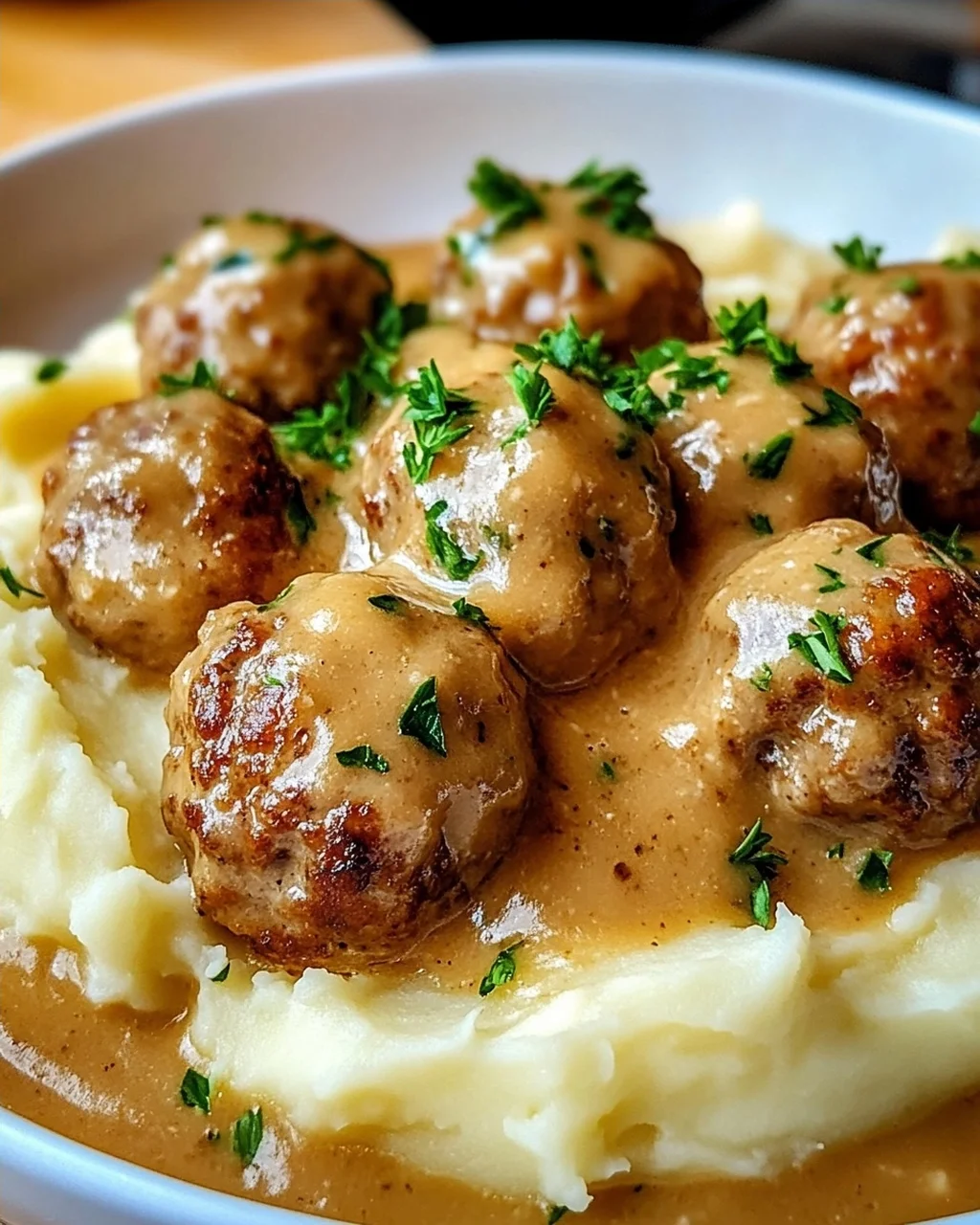 Hackbällchen in cremiger Sauce mit Kartoffelpüree