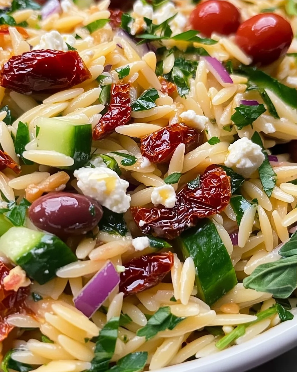 Hausgemachter Orzo Salat mit Feta & Getrockneten Tomaten