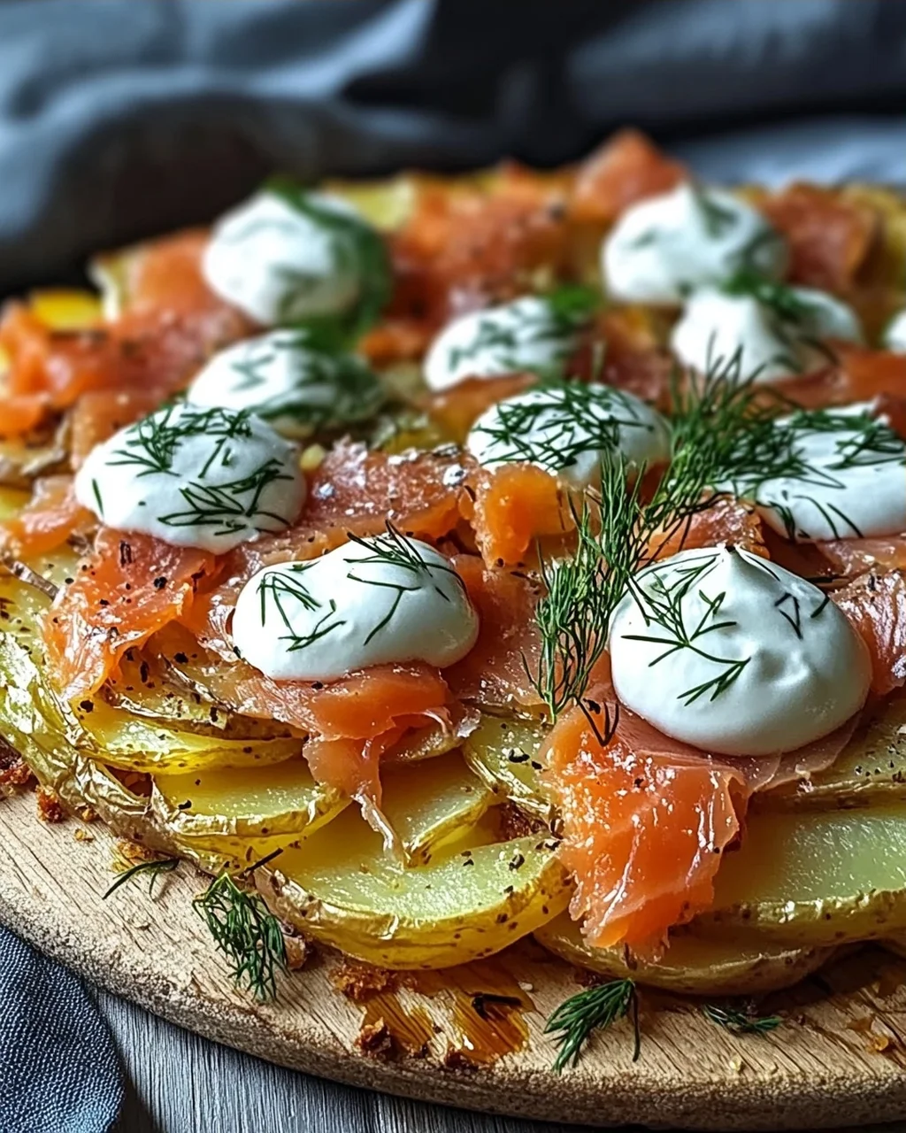 Knusprige Kartoffelgalette mit Räucherlachs und Crème Fraîche