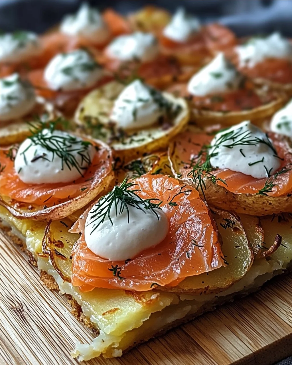 Knusprige Kartoffelgalette mit Räucherlachs und Crème Fraîche