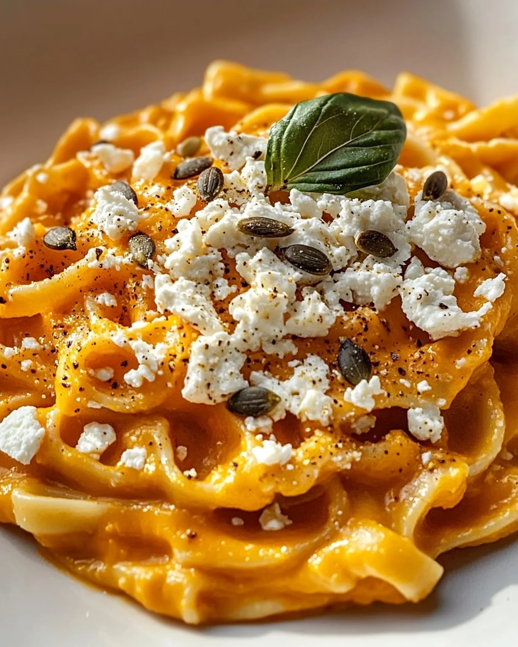 Kürbis-Feta-Pasta: Cremig, aromatisch, mit knusprigen Kernen