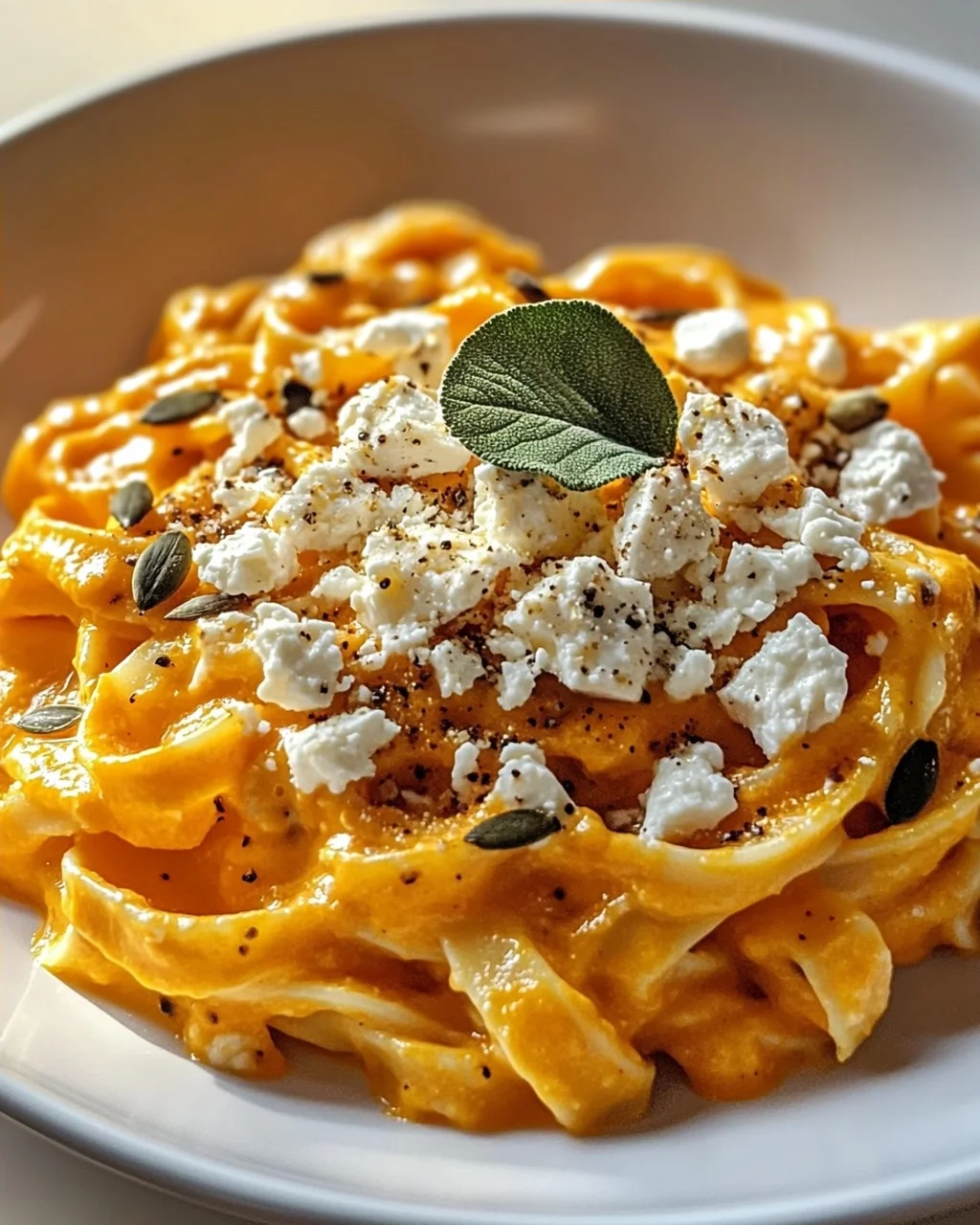 Kürbis-Feta-Pasta: Cremig, aromatisch, mit knusprigen Kernen