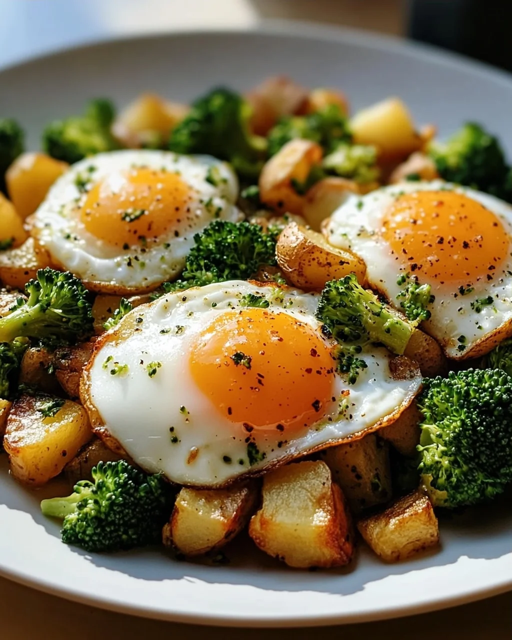 Leckeres Kartoffel-Brokkoli Frühstücks-Hash mit Spiegeleiern