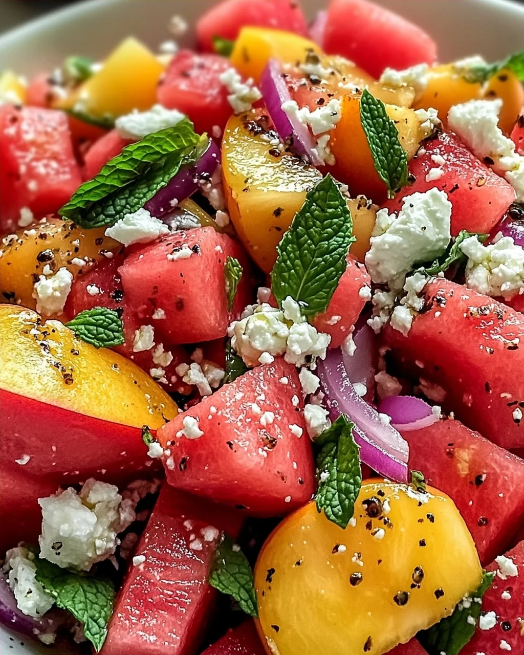Pfirsich Wassermelonen Salat für heiße Sommertage