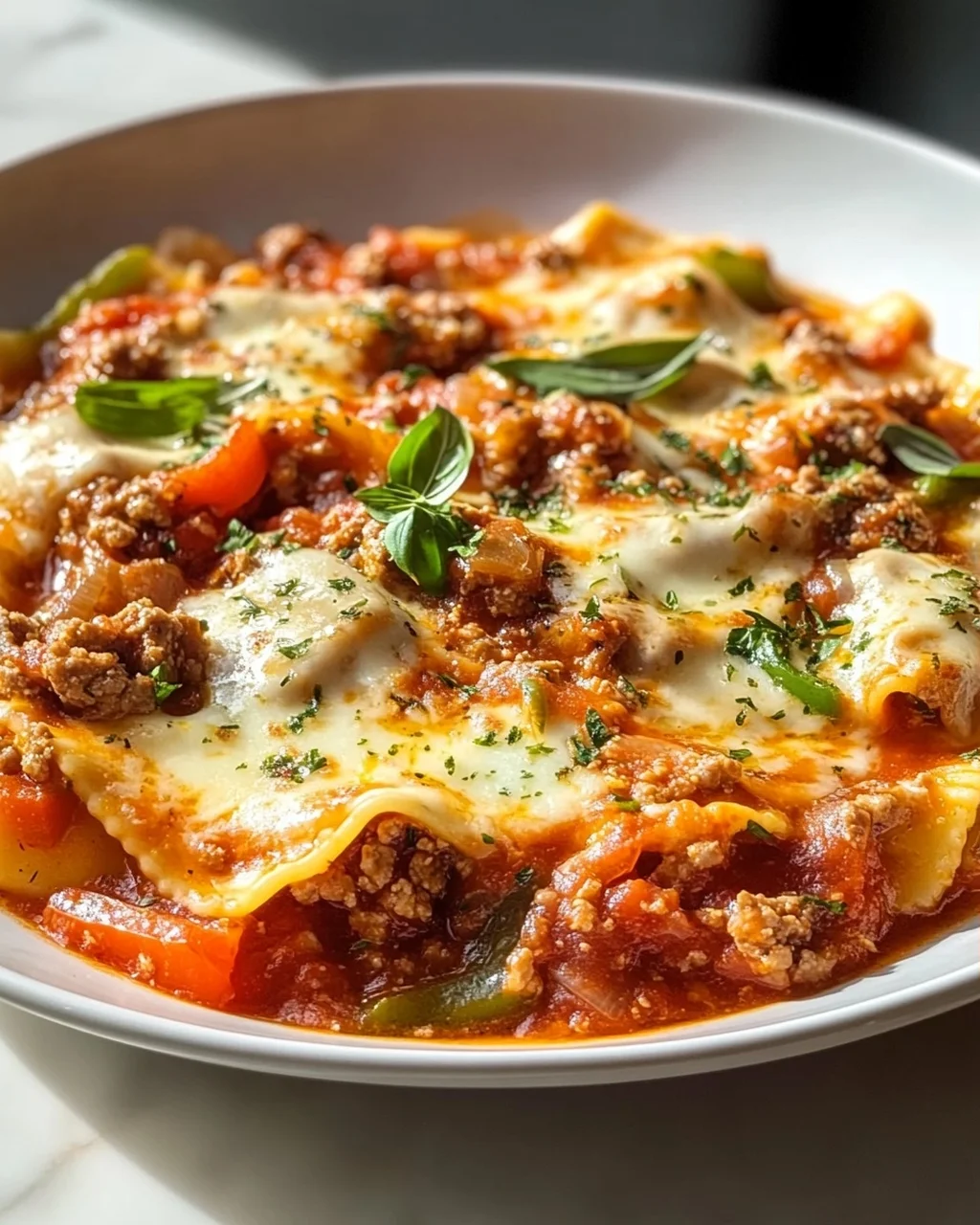Pizzasuppe mit Hackfleisch & Ravioli in Tomatensahne-Sauce