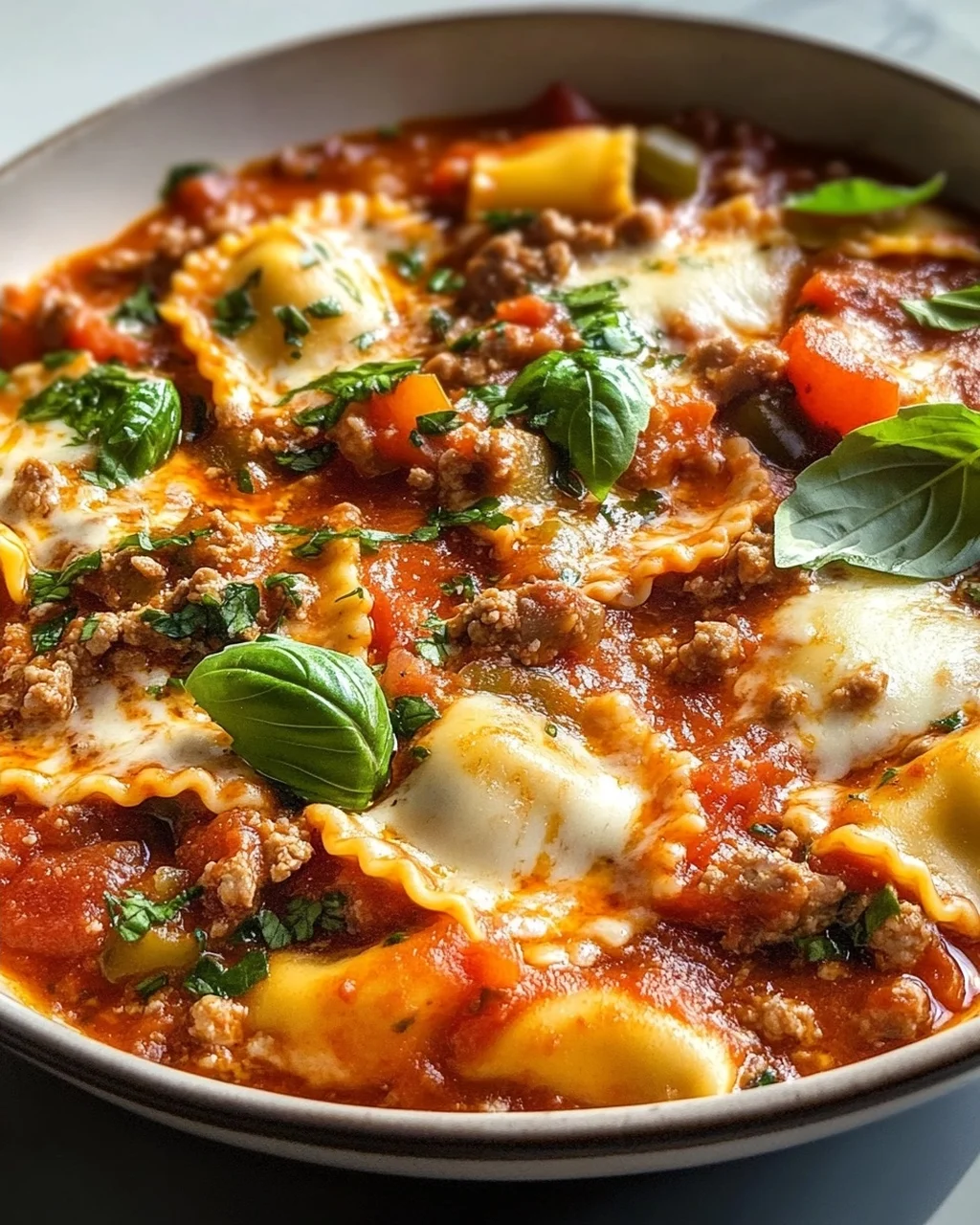 Pizzasuppe mit Hackfleisch & Ravioli in Tomatensahne-Sauce