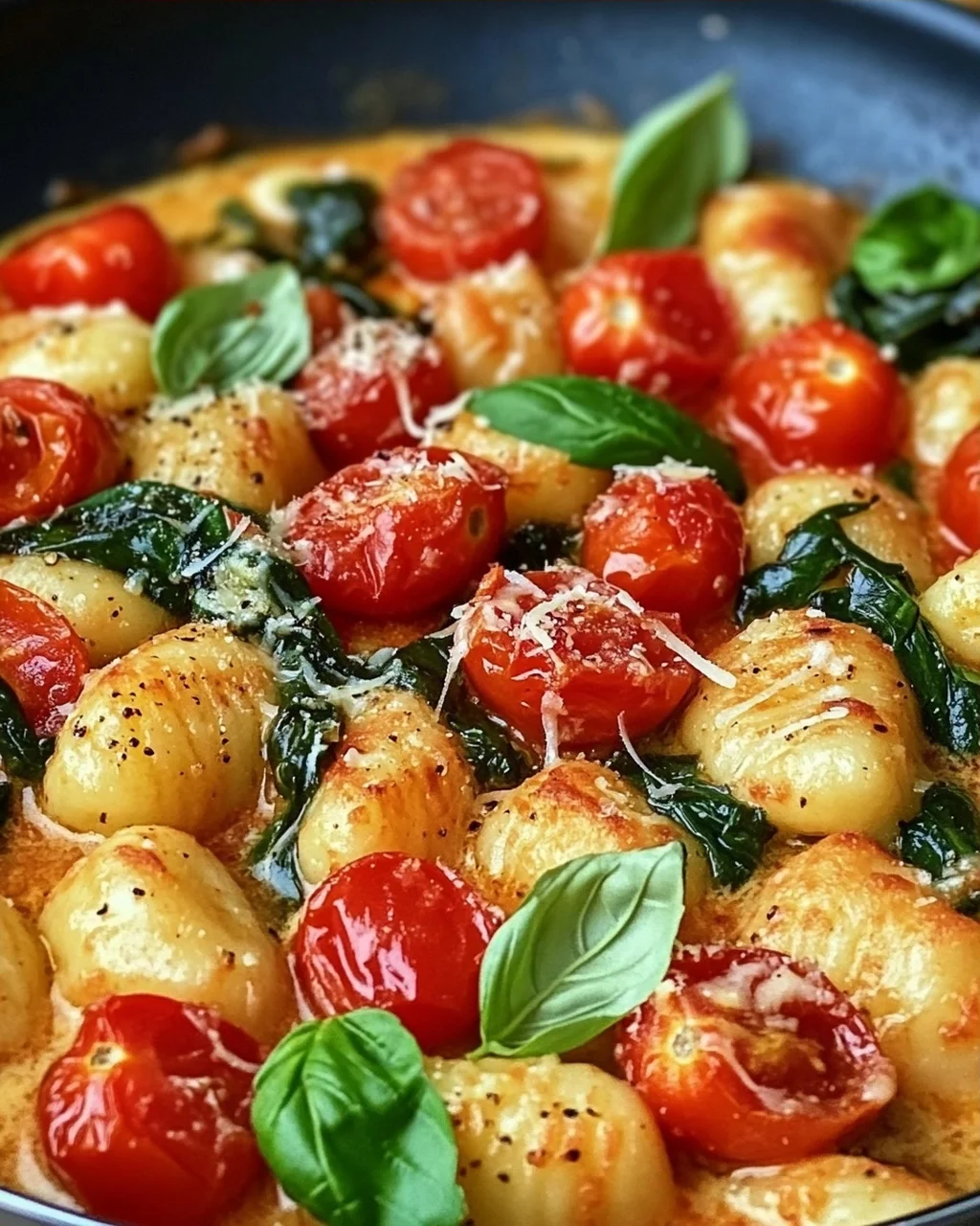 Schnelle Gnocchi Pfanne mit Tomate und Spinat