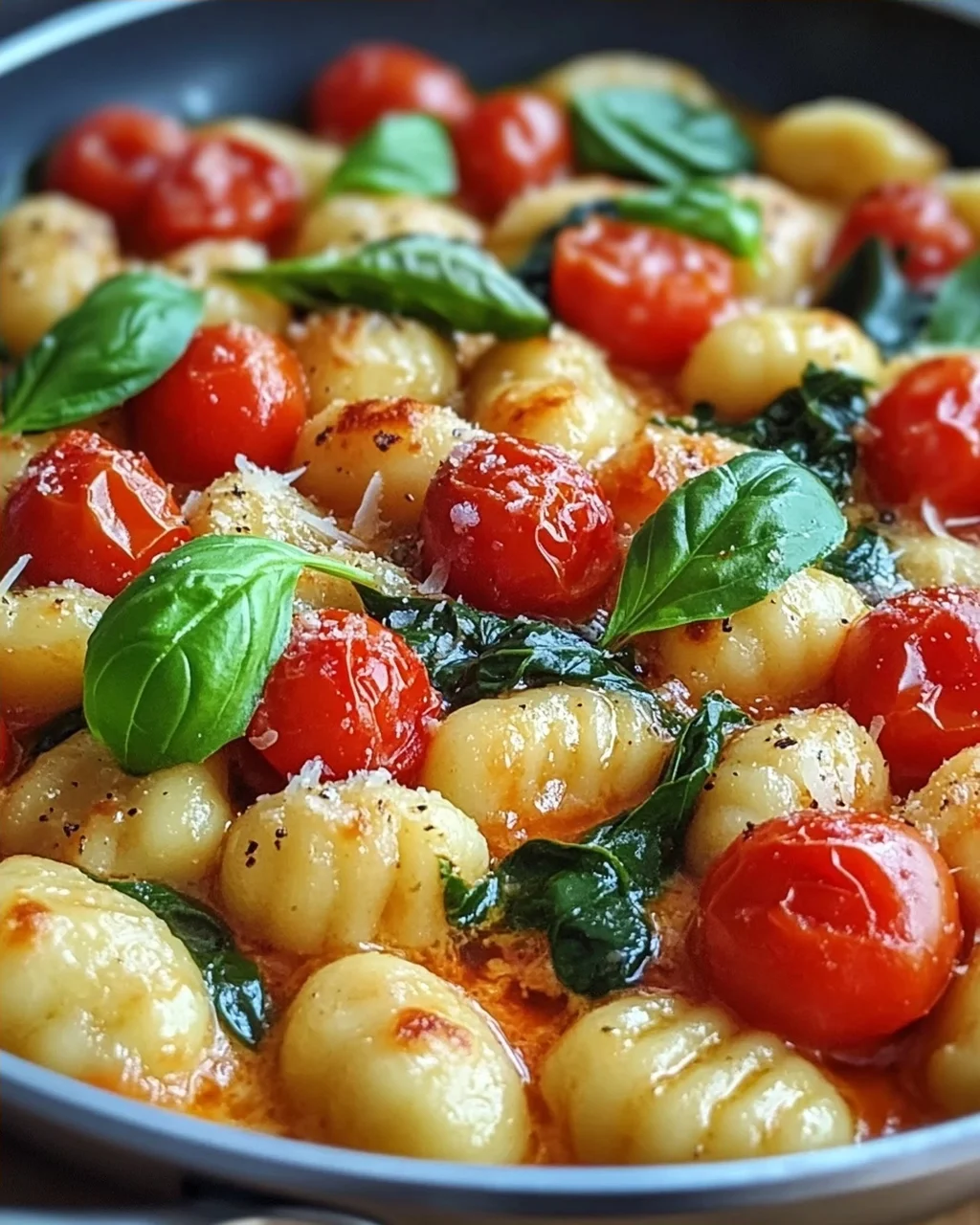 Schnelle Gnocchi Pfanne mit Tomate und Spinat