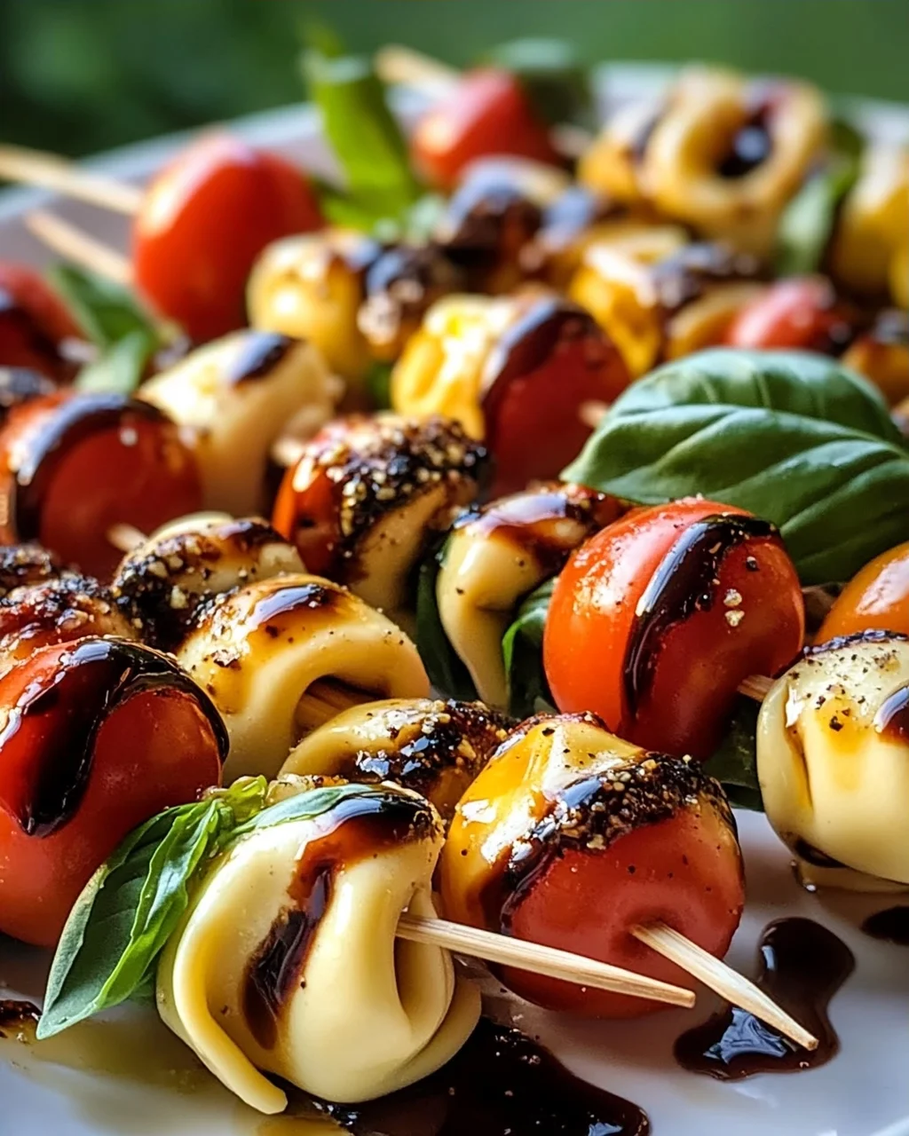 Sommerliche Caprese Tortellini Spieße mit Balsamico-Glasur