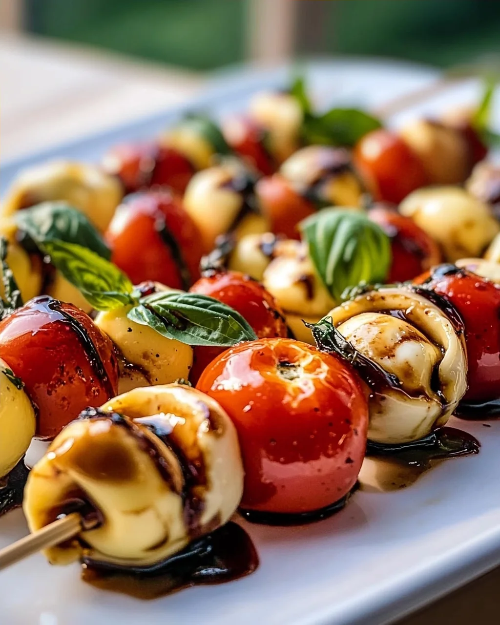 Sommerliche Caprese Tortellini Spieße mit Balsamico-Glasur