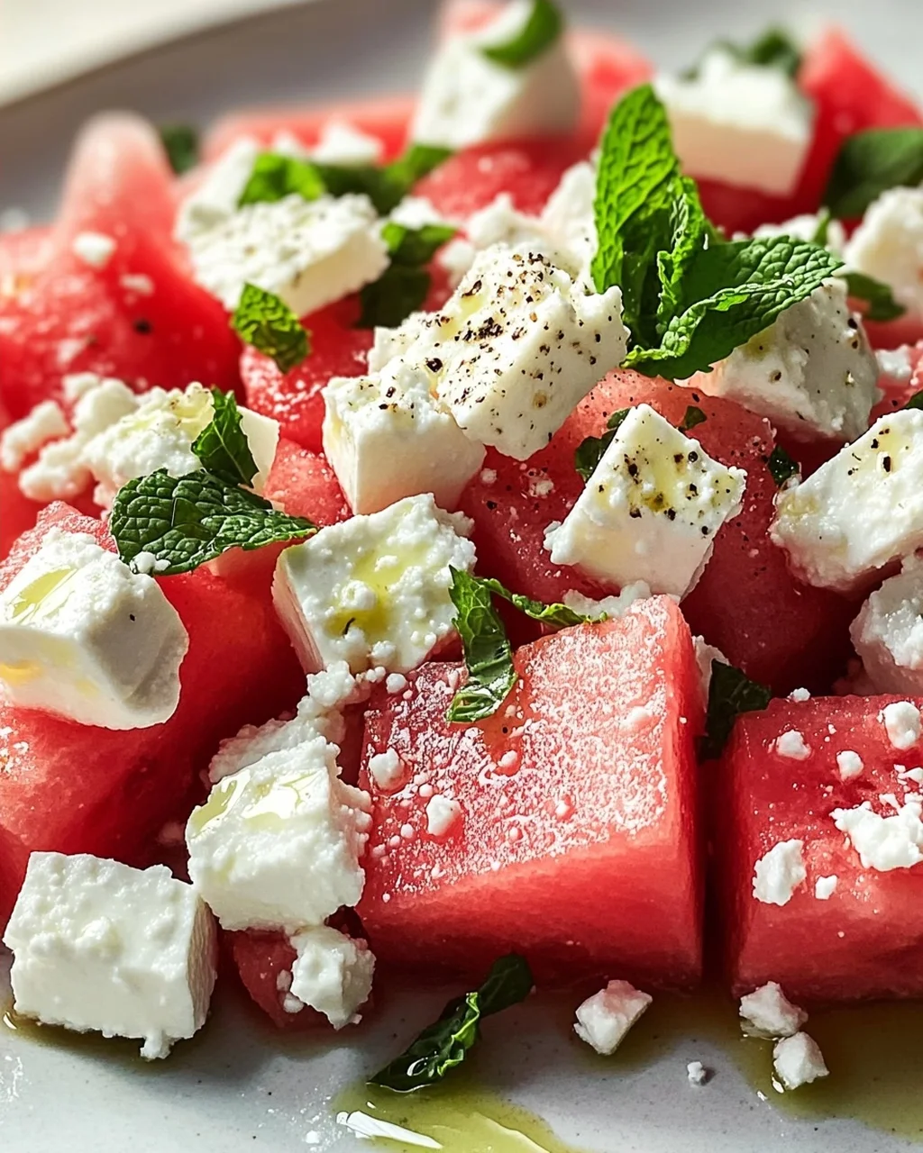 Sommerlicher Wassermelonen Feta Salat mit Minze Rezept