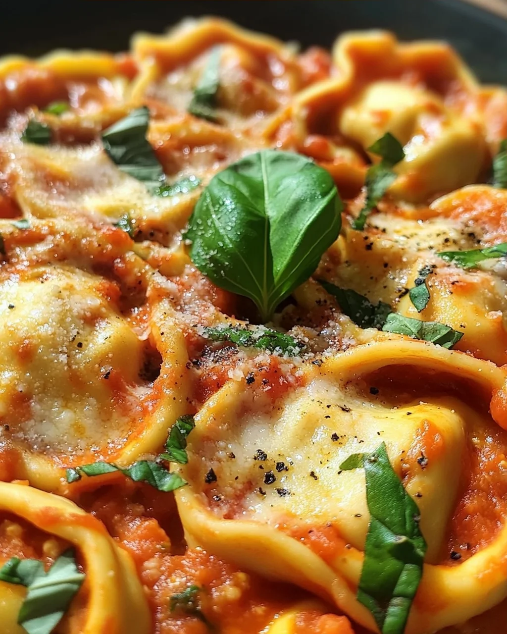 Tortellini mit Tomaten-Sahnesoße, Käse und Basilikum