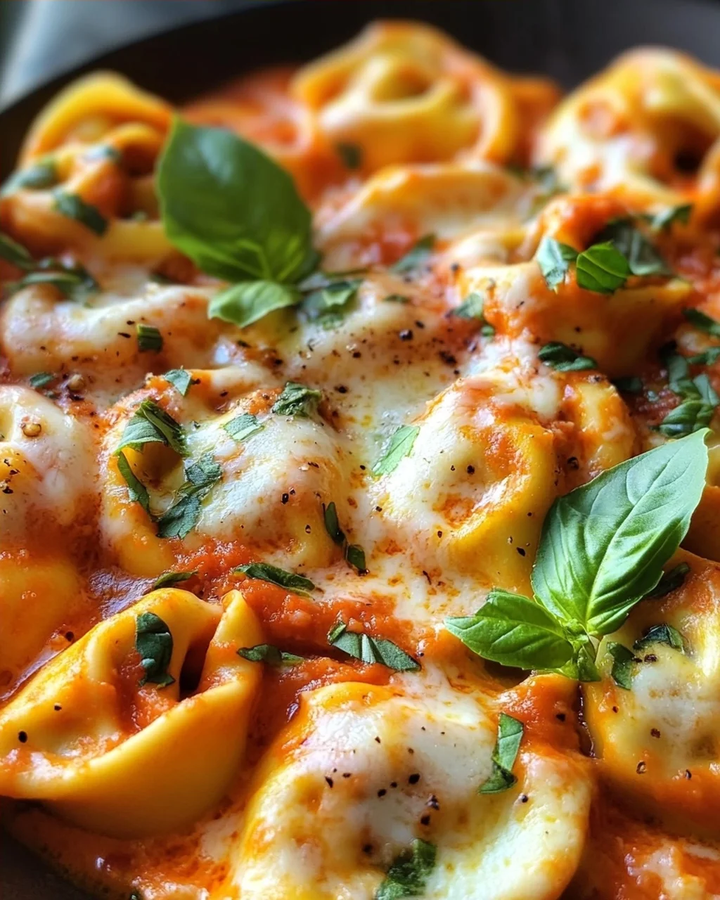 Tortellini mit Tomaten-Sahnesoße, Käse und Basilikum