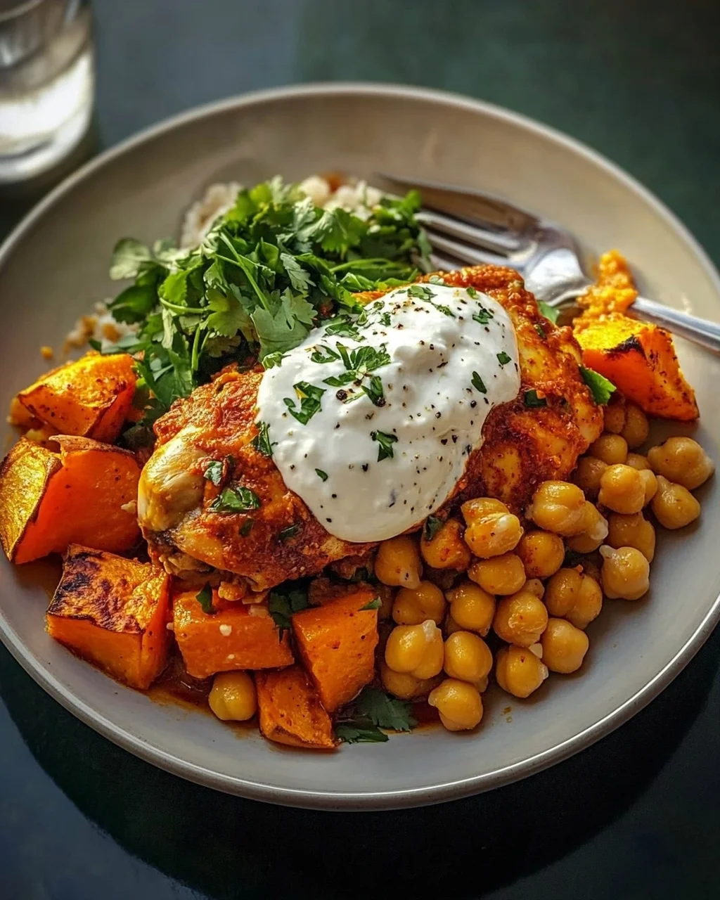 Würziges Ofen-Harissa Hähnchen mit Süßkartoffel, Kichererbsen und Knoblauchjoghurt