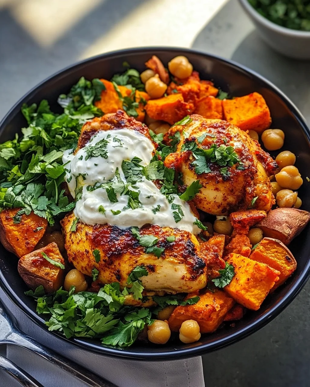 Würziges Ofen-Harissa Hähnchen mit Süßkartoffel, Kichererbsen und Knoblauchjoghurt