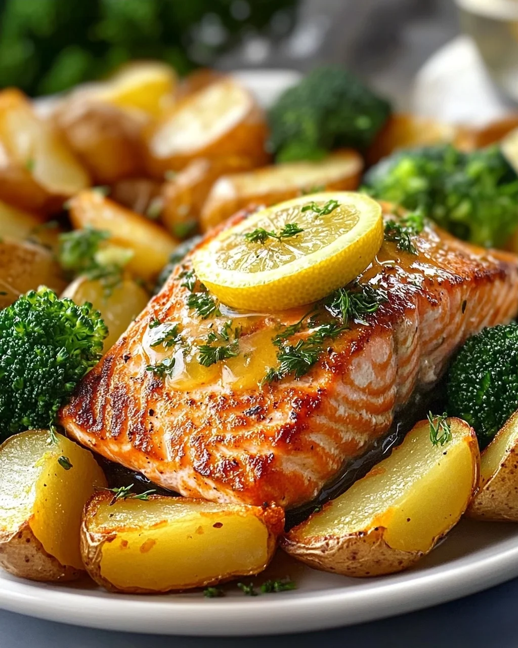 Zitronenbutterlachs mit Knusprigen Kartoffeln und Brokkoli