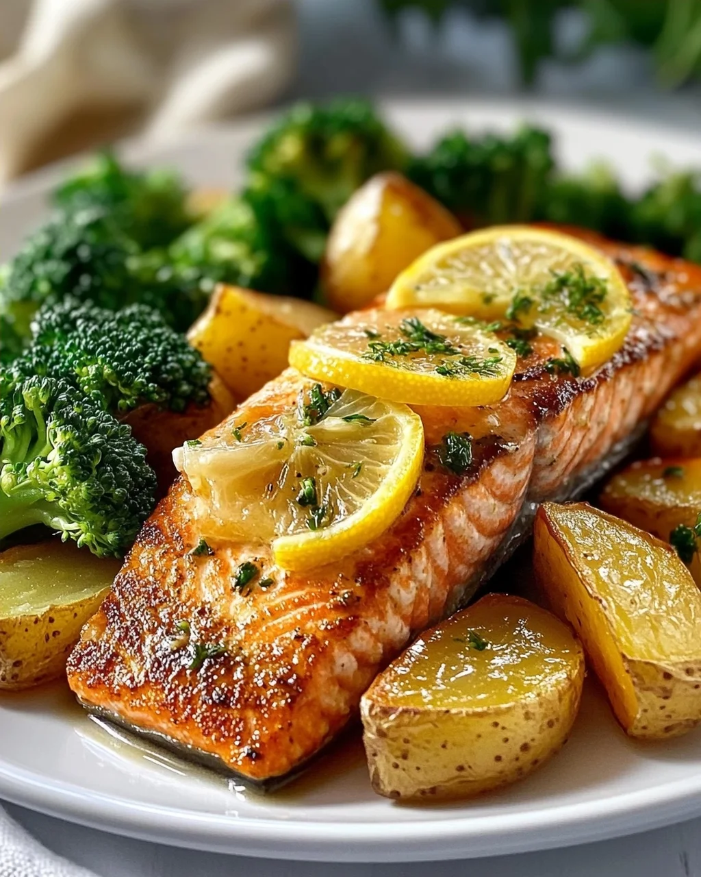 Zitronenbutterlachs mit Knusprigen Kartoffeln und Brokkoli